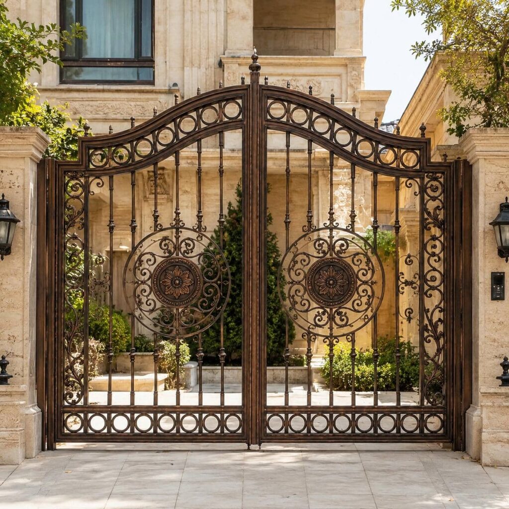 نصب درب ساختمان فرفورژه گل دار با چهارچوب تراز و دقیق