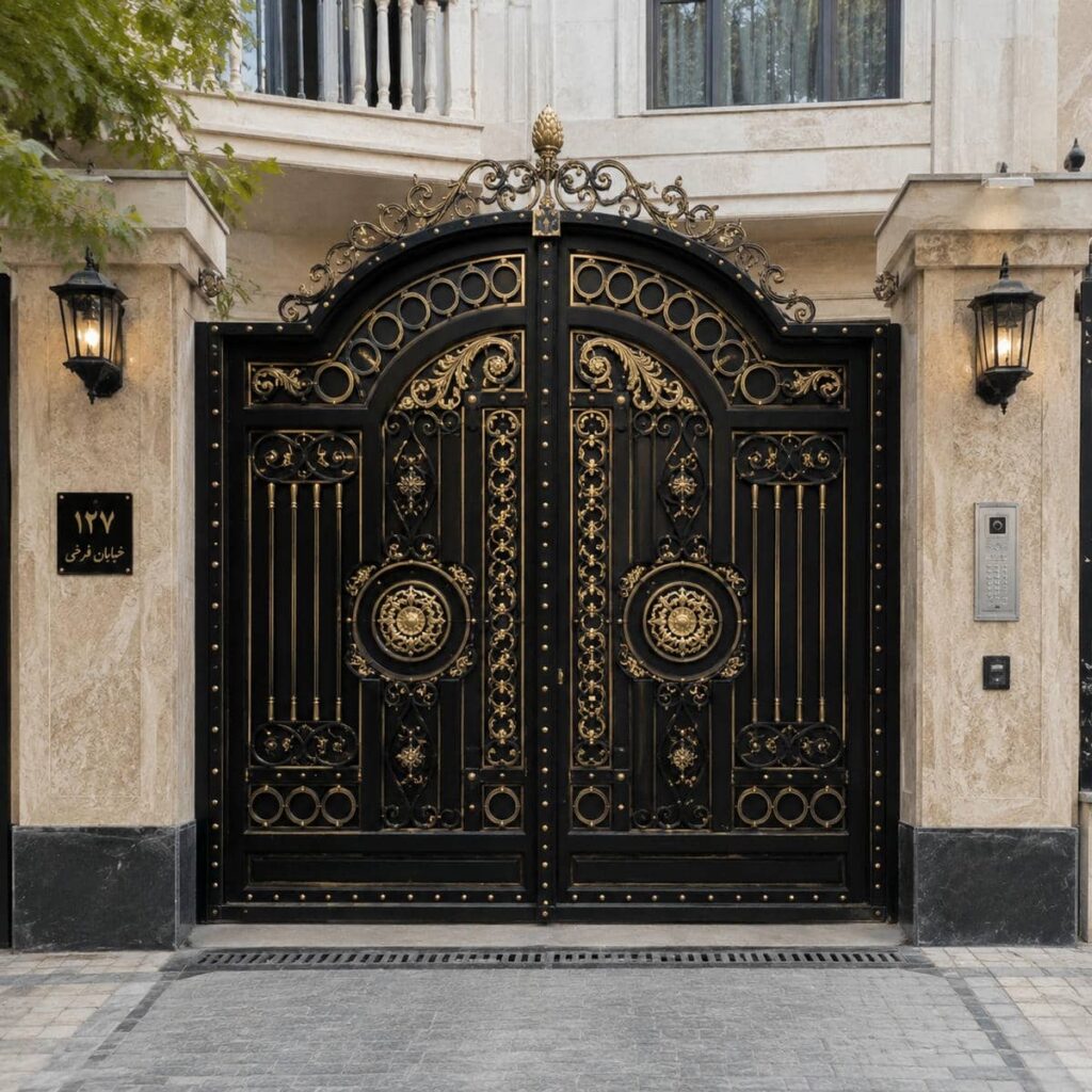درب ویلایی فرفورژه نمای رومی گل‌دار برای ورودی لوکس