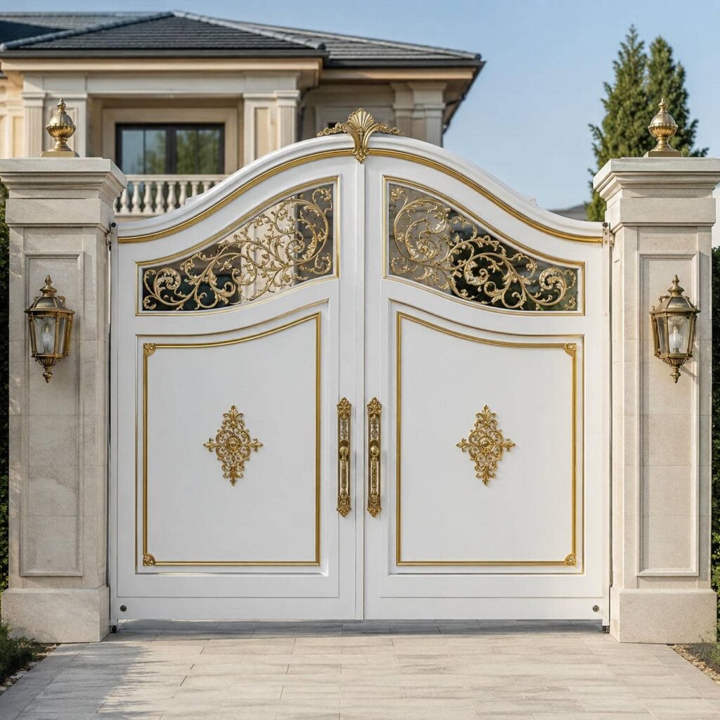 درب پارکینگ فلزی نمای ساختمان کلاسیک برای سفارش نمای رسمی