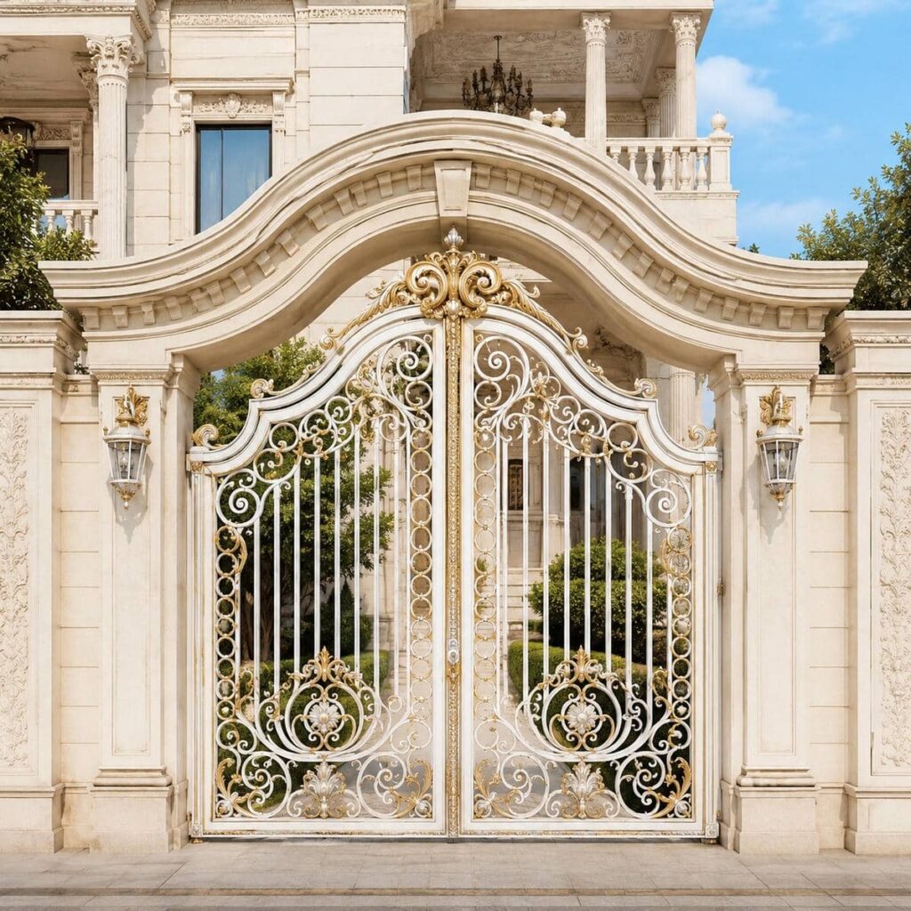 نصب درب ویلایی فرفورژه نمای رومی روی ستون سنگی