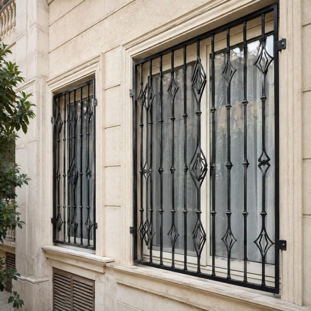 حفاظ پنجره مشکی طلایی نما با رنگ کوره ای و پوشش ضدزنگ