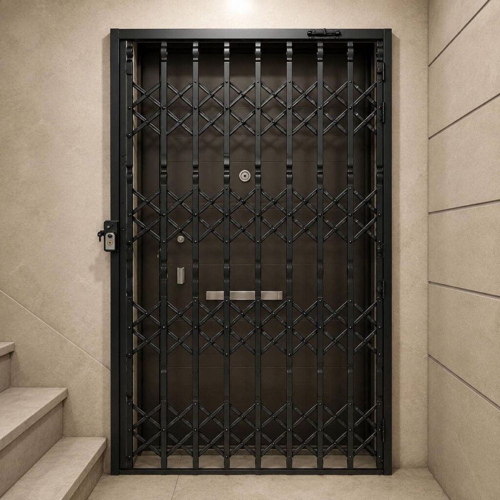 نرده آکاردئونی در حالت جمع شده کنار درب