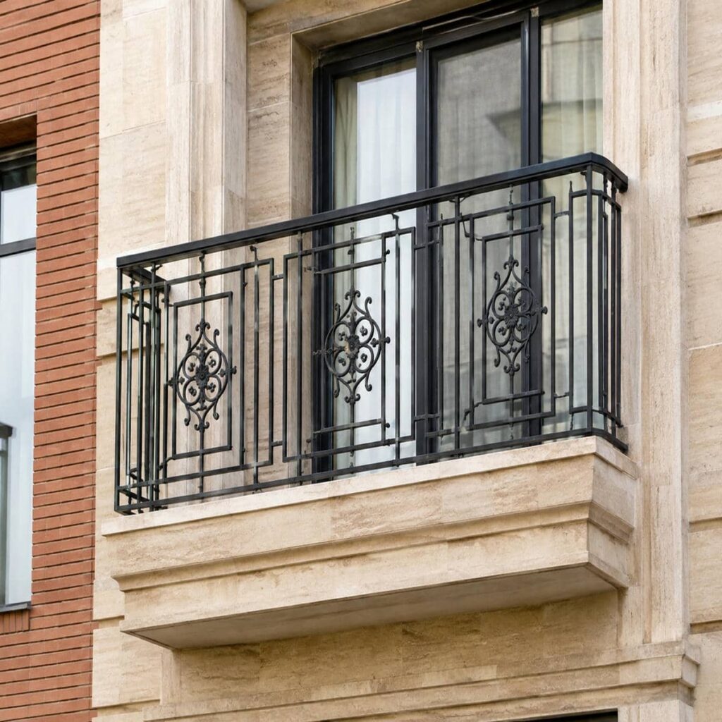نرده کلاسیک بالکن با جزئیات ظریف هماهنگ با نما